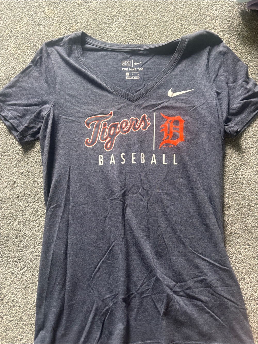 Nike Navy Detroit Tigers V-Neck Baseball Tee with Orange Logo
